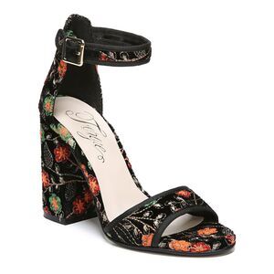 FERGIE Womens Black Brocade Courtney Round Toe Block Heel Sandals Shoes 5.5 M